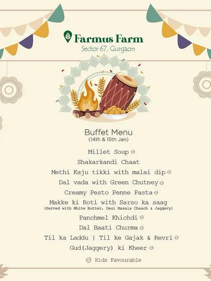 Our special Makar Sankranti buffet menu, highlighting seasonal and traditional dishes like Til ka Laddu, Dal Baati Churma, and Sarso ka Saag.