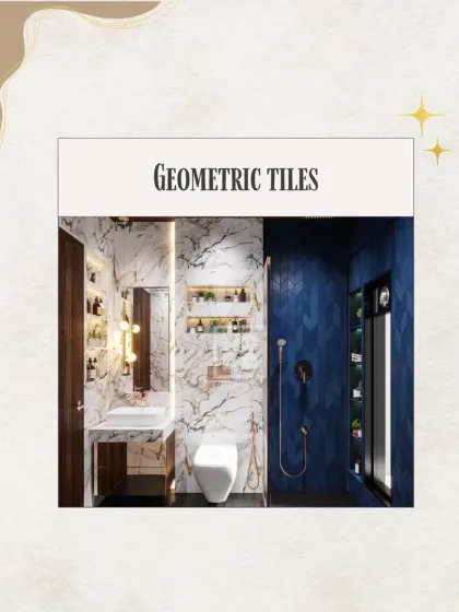 Geometric tiles add a dynamic and modern touch to any washroom. Here, deep blue chevron tiles create a stunning feature wall, contrasting beautifully with the white marble.