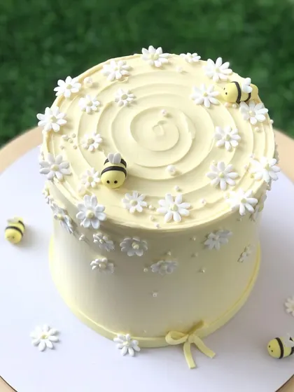 A sweet-as-can-be cake, with a pale yellow buttercream, daisies, and cute little fondant bees.