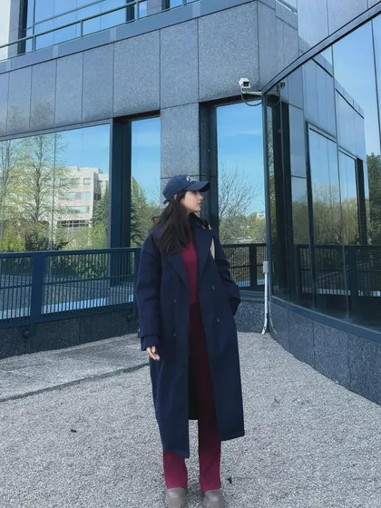 A full-body shot showcasing the complete layered look with the Trendyol set.