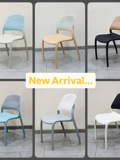 This collage shows our high-quality, premium plastic chairs. They are stackable and available in multiple colors, making them perfect for food courts, cafes, and offices.