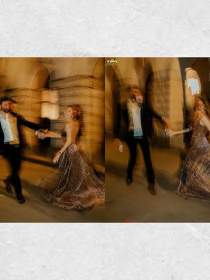 A dynamic motion-blur collage of the couple running and dancing, perfectly conveying the joy and excitement of their Mumbai night shoot.