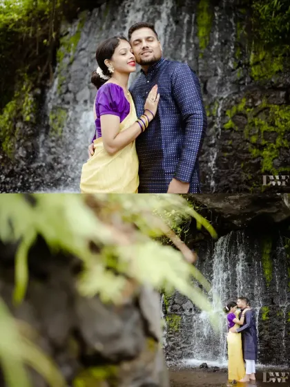 Love by the waterfall. This collage captures the couple's intimate connection amidst the raw beauty of nature, with their traditional outfits adding a vibrant pop of color.
