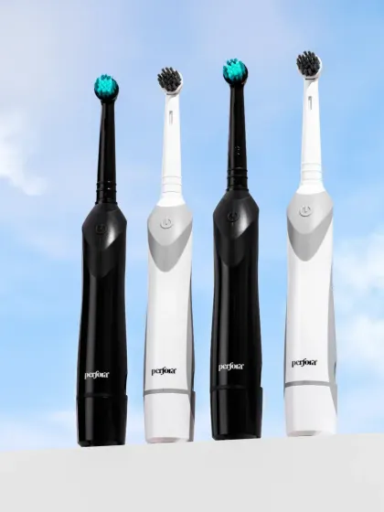 This shot of Perfora electric toothbrushes against a sky background gives the products a clean, fresh, and aspirational feel.