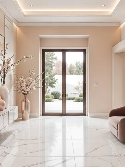A spacious and airy foyer with marble floors, a floating console, and a comfortable armchair. The large glass doors offer a view of the garden, blurring the lines between indoors and out.