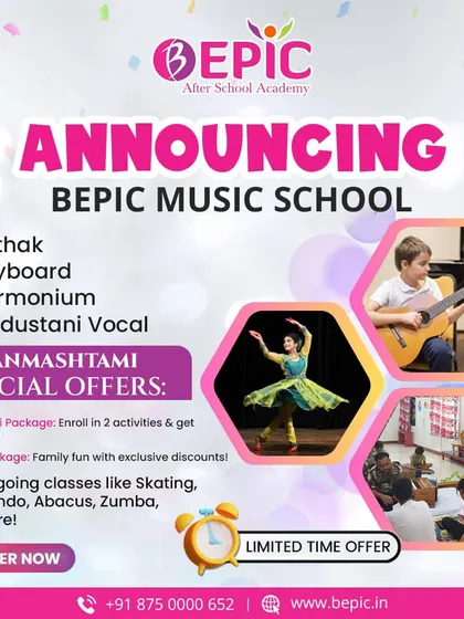 We are excited to announce the BEPIC Music School, offering classes in Kathak, Keyboard, Harmonium, and Hindustani Vocals. Take advantage of our special 'Jugalbandi' and sibling packages to explore multiple activities.