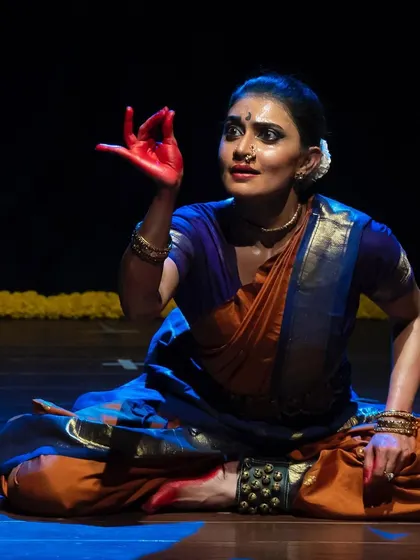 A seated pose from *KANHOPATRA*, captured at the Samarpana Festival. The overflowing theatre for this performance was so encouraging, reinforcing the power of her story.