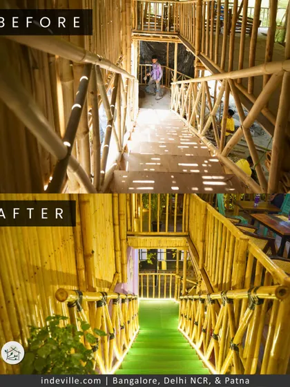 The transformation of the staircase at Silbatti. I replaced a basic, unfinished stairway with a beautifully crafted bamboo staircase, complete with integrated lighting for a dramatic and welcoming entrance.