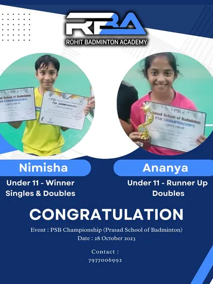 Congratulations to Nimisha and Ananya for their success at the PSB Championship, winning in the Under-11 Singles and Doubles categories.