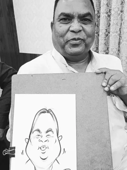 A black and white sketch of a guest at an engagement ceremony. The simplicity of the style allows the personality and exaggerated features to shine through.