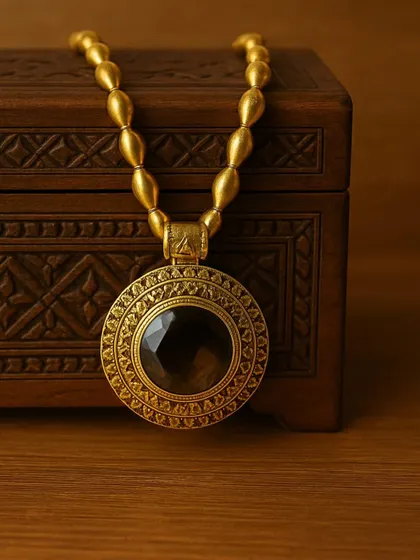 A classic piece from our gold-plated collection. This pure silver necklace features a large, faceted stone set in a detailed pendant on a string of golden beads, perfect for both traditional and contemporary outfits.