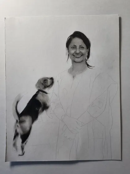 A work-in-progress shot, showing the beagle and the woman's face fully rendered while the rest of the drawing is still an outline.