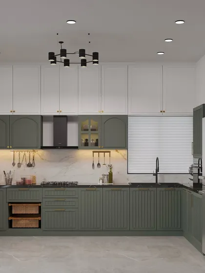 A full view of the olive green and white kitchen render, showing the two-tone effect and a stylish black chandelier.
