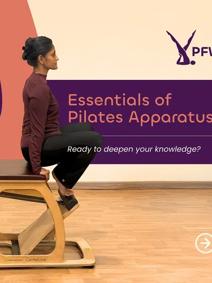 Here are the essentials of Pilates apparatus. Pictured is a student on the Centerline Chair, a compact yet powerful tool for building stability and balance.