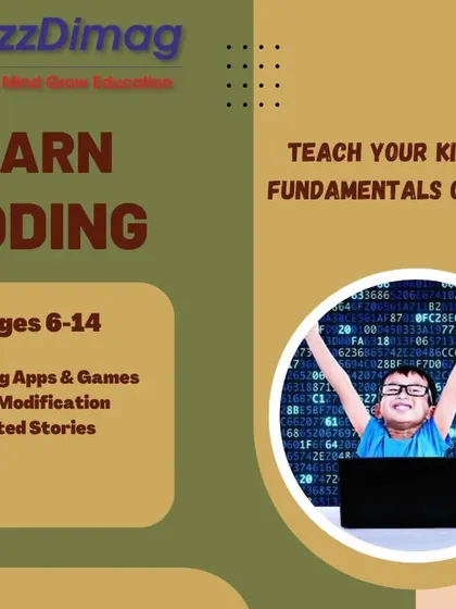 An infographic for our coding classes for ages 6-14, where students learn to build apps, modify games, and create animated stories.