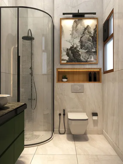 The space includes a curved glass shower with a rainfall showerhead, a floating toilet, and a niche for storage, all set against light marble-like tiles.