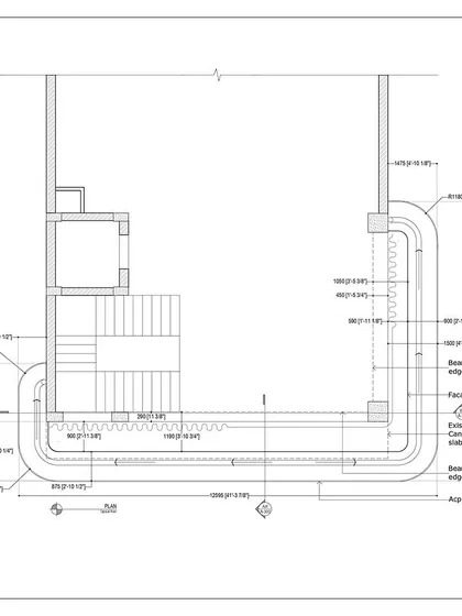 A plan drawing showing the detailed construction of the curved corner of the Nalli facade, integrating the glass, mesh, and ACP extension.