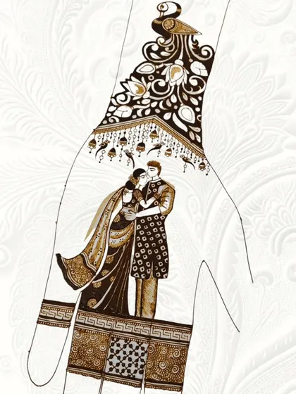 A sweet couple portrait created for a Karwa Chauth celebration. The design is framed by a peacock and hanging kalire, blending festive and romantic elements.