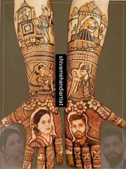 A highly personalized design with realistic portraits of the bride and groom on the palms, based on their photos. The forearms depict various wedding rituals.