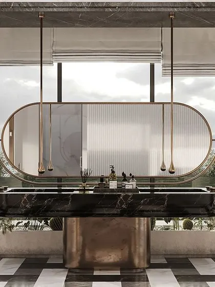 When you're bored of seeing a dead wall in the bathroom, there's always another way. We mounted this black marble vanity in front of a large window, creating an interesting design that feels open and connected to the outdoors.