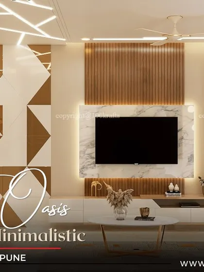 The title image for our 'Konark Oasis' project, a modern minimalistic 2BHK in Pune. The TV unit combines white, wood, and marble textures with geometric wall paneling for a clean yet dynamic look.