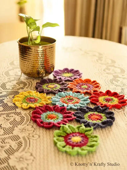 Another arrangement of the floral coasters, showing their versatility and charm.
