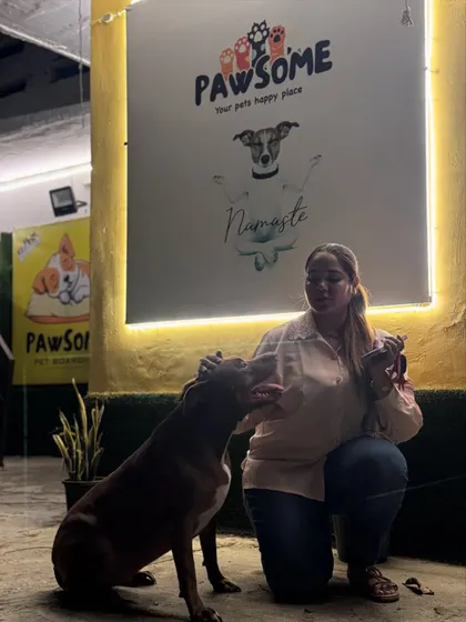 A sweet lick from the Pitbull to her owner. A moment of pure affection.