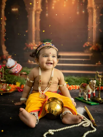 Laughter and mischief. This little Krishna is having so much fun during his festive photoshoot, surrounded by pearls and his toy horse.