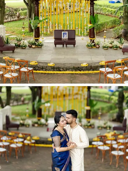 A collage capturing the joy of a fun-loving couple's engagement. The traditional decor, filled with laughter and love, provides the perfect setting for the beginning of their adventure together.