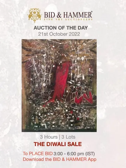 An announcement for 'The Diwali Sale', our auction of the day on October 21st, 2022. This festive sale featured three lots of festive paintings by contemporary artist Rekha Rao.