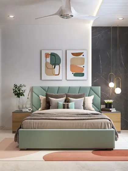 A duplicate of image 230, showing a pastel bedroom with a mint green bed, geometric rug, and a dark marble accent wall.