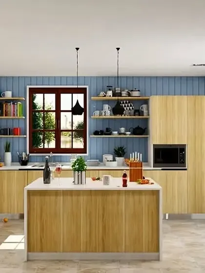 This spacious kitchen design combines light wood cabinets with a calming blue backsplash and open shelving. The central island provides extra prep space and storage, making it perfect for those who love to cook.
