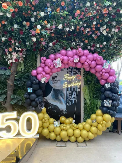 Another angle of the stylish 50th birthday decor, showing how the different elements create a cohesive and impressive display.