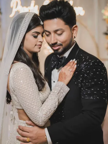 An intimate portrait of a couple in elegant evening wear. The soft, warm lighting and their close embrace create a feeling of romance and sophistication.