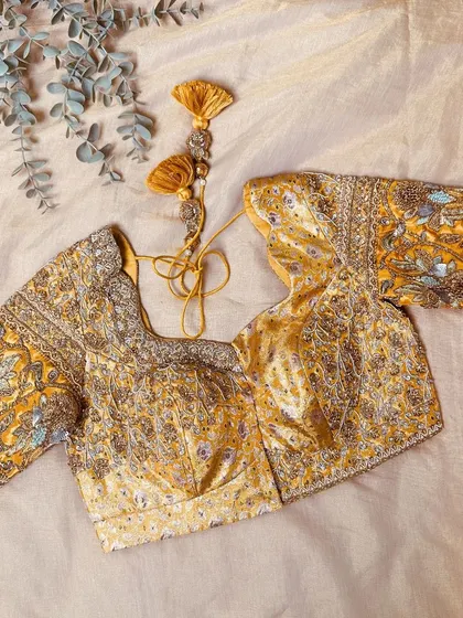Another view of the custom yellow brocade blouse.