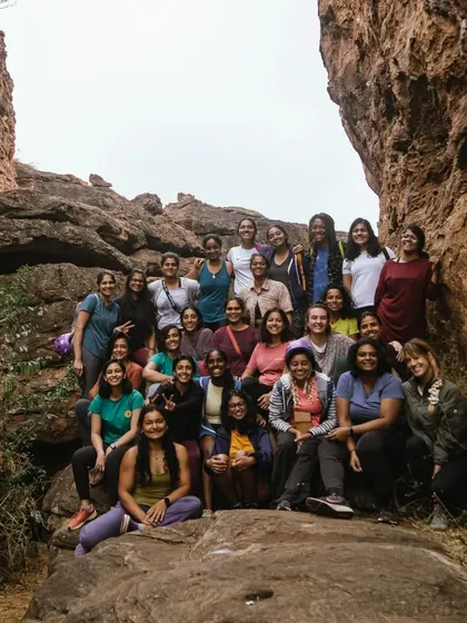 The whole crew! A group photo from our 2022 Badami event, filled with women who came as strangers and left as friends and climbers.
