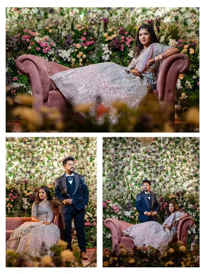 A collage of the couple posing against a stunning floral backdrop at their grand and royal reception.