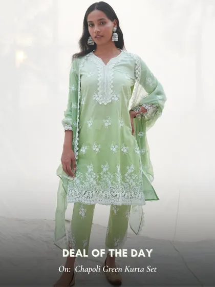 The Chapoli Green Kurta Set is another one of my daily deals. This soft green is a refreshing color for festive wear, and the white embroidery is simply stunning.