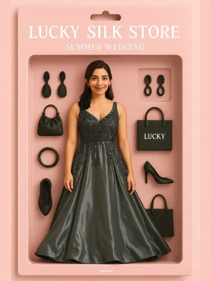 Your real-life doll moment. This creative shot showcases the grey ball gown as a collector's item, highlighting its perfect design for a summer wedding or engagement party.