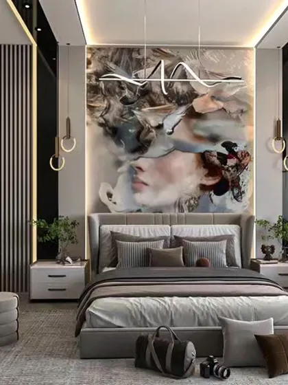 This bedroom is a work of art, featuring a dramatic, abstract mural behind the bed. The sophisticated color palette, modern lighting, and integrated dressing table create a space that is both luxurious and deeply personal.