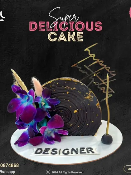 Another view of my artistic chocolate log cake, personalized for a designer. The rich chocolate, vibrant orchids, and custom plaque make it a truly special and delicious gift.