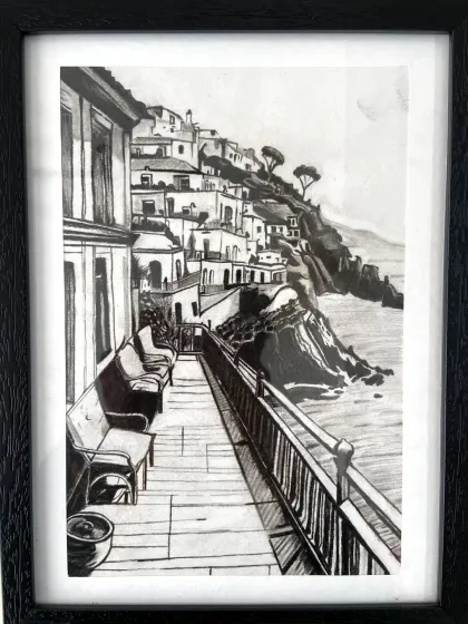 A stunning sketch of a coastal town, showing great skill in perspective and architectural detail.