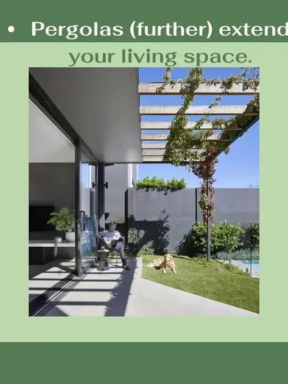 A pergola can be a natural extension of your indoor living space. This example shows how a simple, modern pergola structure seamlessly connects the house to the garden, blurring the line between inside and out.