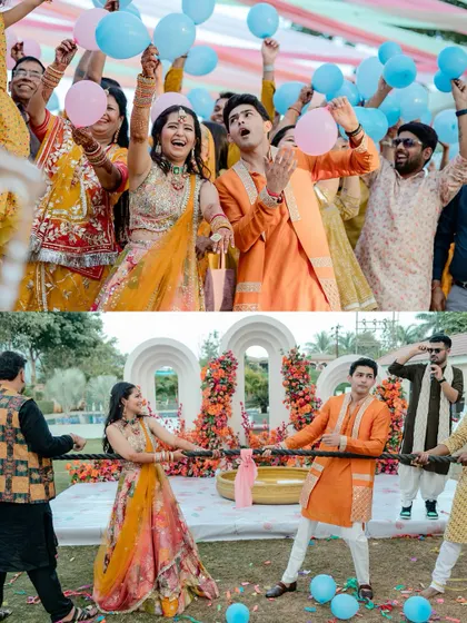 A collage of the fun and games at the Haldi, from popping balloons to a competitive game of tug-of-war.