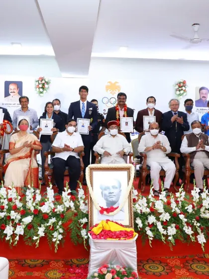 A group photograph from the National Sports Day celebration organized by the Karnataka Olympic Association. I was honored to be felicitated alongside other great athletes from my state.