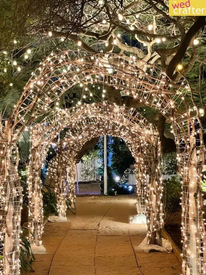 Creating starry pathways for my couples is one of my favorite things. This rustic archway, wrapped entirely in twinkling fairy lights, makes for an enchanting entrance or a magical photo spot.