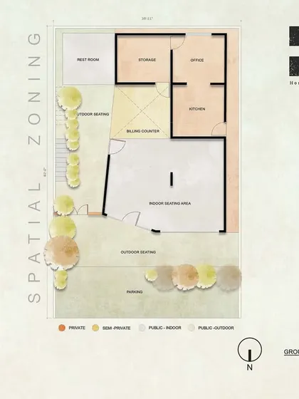 The spatial zoning plan for the DRIP & DROP project. This architectural drawing shows the clear division between public, semi-private, and private areas, which was key to designing a space that is both open and functional.