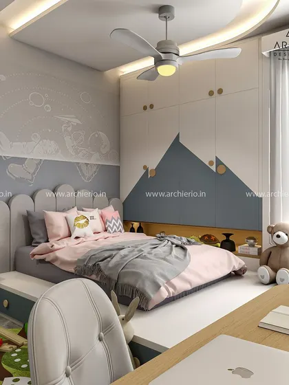 Another view of the kids' room, focusing on the cozy podium bed and the creative wall decor. The design is all about combining comfort, functionality, and imagination.