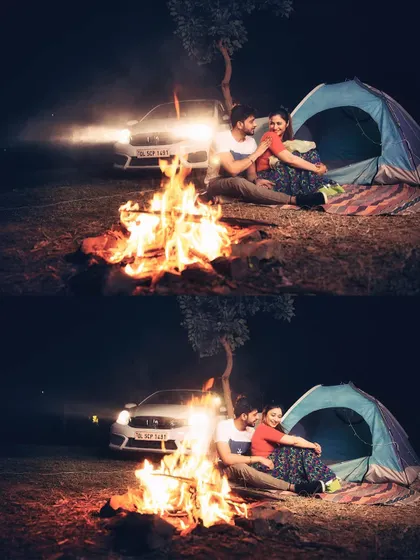 A collage showing the full scene of their romantic bonfire pre-wedding shoot. It captures the adventurous and cozy atmosphere of the night.