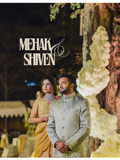 A stylish portrait of Mehak and Shiven. The elegant typography and the beautiful decor in the background make this a perfect title card for their Sangeet album.
